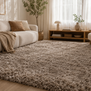 Tapis acoustique Professional Calm Terre uni dans un salon chaleureux, avec une teinte brun terre, des fibres longues et une texture épaisse apportant confort et élégance.