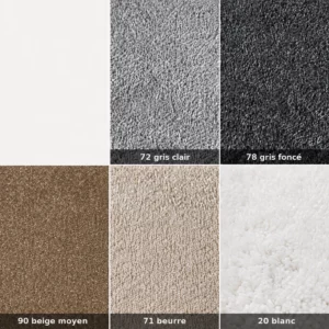 tapis-insonorisant-silent-couleurs-disponibles (2) Échantillons des coloris disponibles pour le tapis insonorisant Silent : gris clair, gris foncé, beige moyen, Butter et blanc.