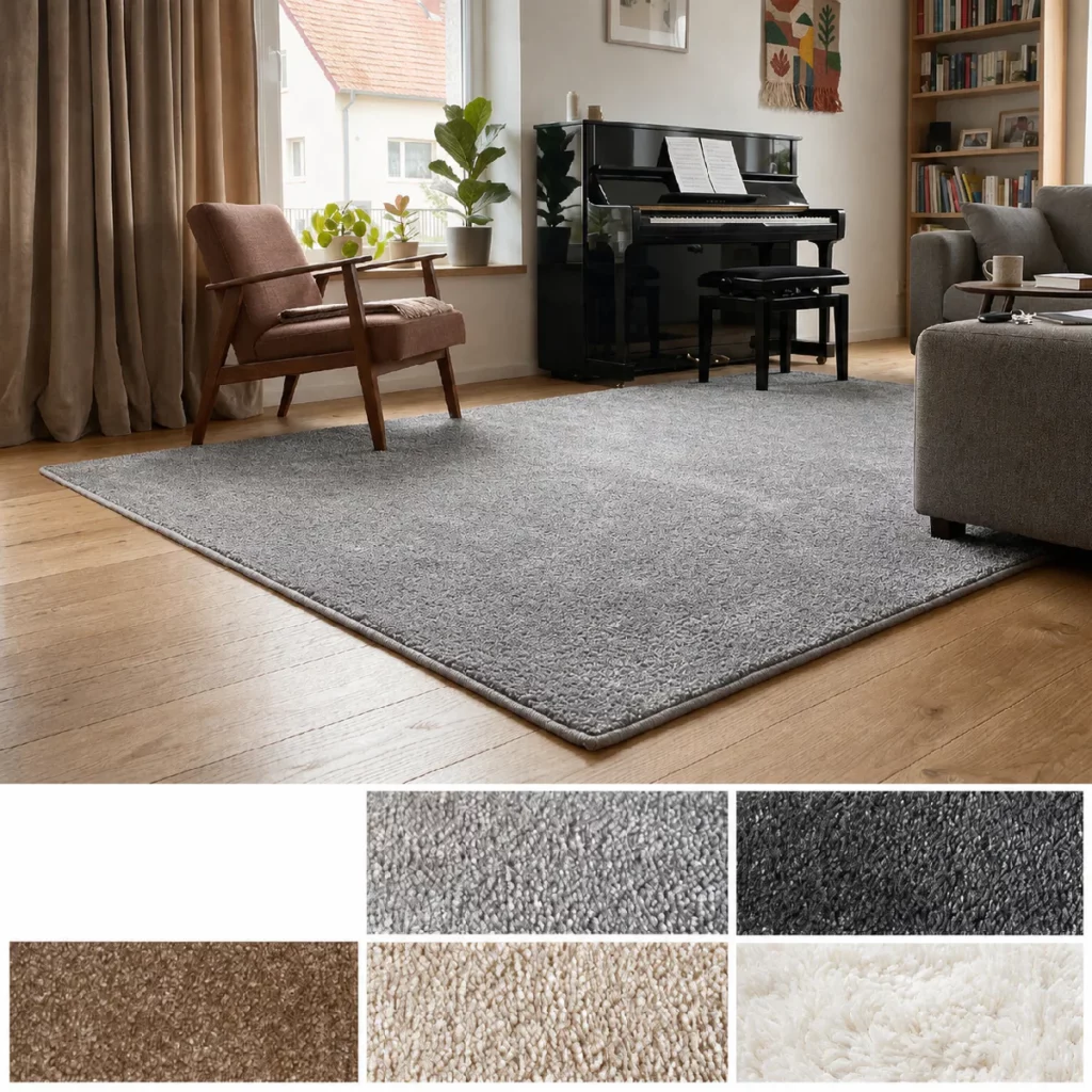Tapis insonorisant Silent présenté dans un salon moderne avec un aperçu des différents coloris disponibles et de leurs textures.
