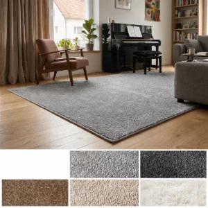 Tapis insonorisant Silent présenté dans un salon moderne avec un aperçu des différents coloris disponibles et de leurs textures.