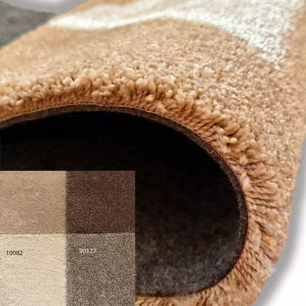Gros plan sur le tapis insonorisant Toone Premium replié, montrant ses fibres épaisses, son dossier robuste et sa structure multicouche, avec un nuancier des coloris disponibles en incrustation.