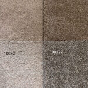tapis-insonorisant-toone-premium-nuancier-couleurs Nuancier du tapis insonorisant robuste Toone Premium présentant quatre teintes neutres numérotées 20070, 20080, 10082 et 90127, avec un gros plan sur leur texture dense et bouclée.