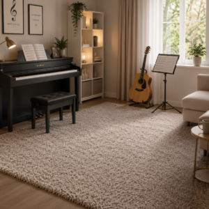 Tapis insonorisant Toone Premium installé dans une salle de musique sous un piano numérique, avec une texture épaisse à poils longs créant un espace confortable et élégant pour la pratique musicale.