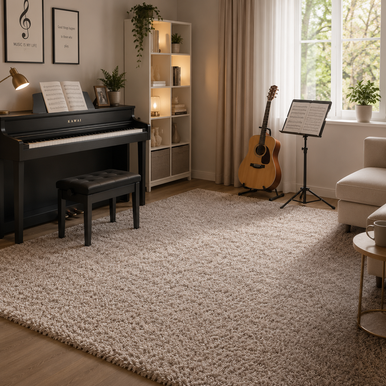 Tapis insonorisant Toone Premium installé dans une salle de musique sous un piano numérique, avec une texture épaisse à poils longs créant un espace confortable et élégant pour la pratique musicale.