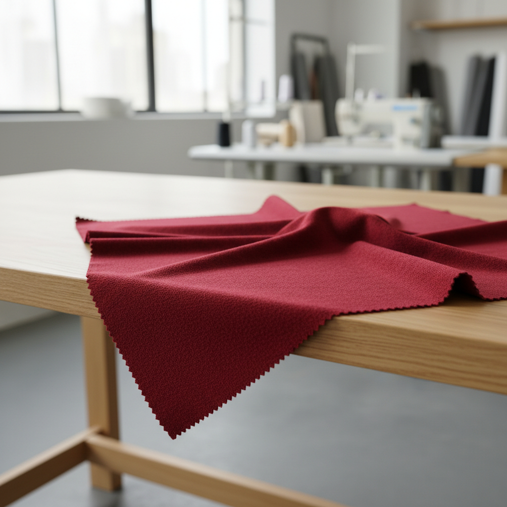 Tissu Brazio velours rouge posé sur une table d’atelier